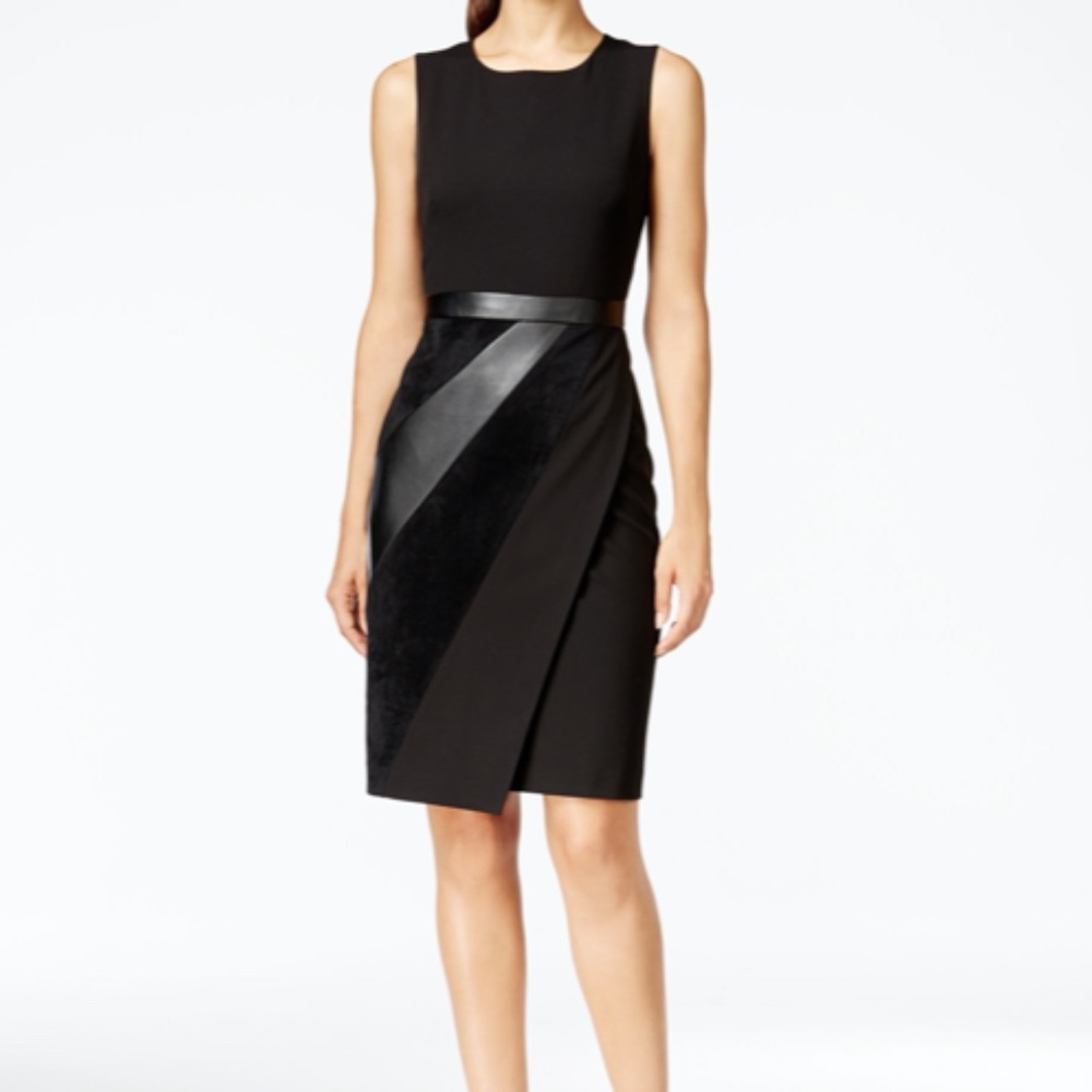 Calvin Klein Black Sleeveless Midi Dress with Faux Leather Panels